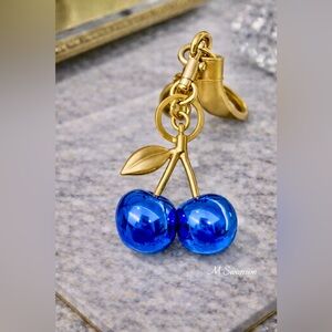 Royal Blue Cherry Keychain Gold Tone Hardware Fashion NWT
